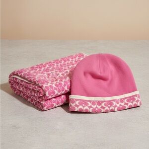 COACH Pink Signature Logo Winter Accessory Set - Hat & Scarf Bundle